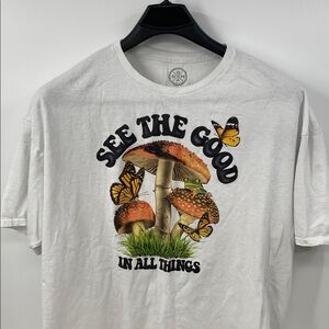 White Graphic Tee with Mushroom and Butterfly Design